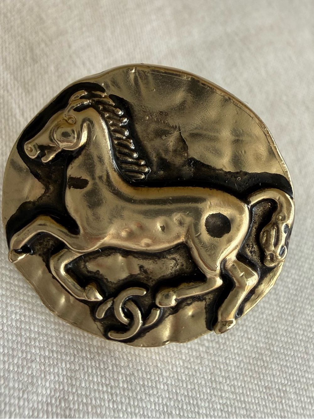 Interlocking CC Champagne Gold Horse Pin - Equestrian Accent - Repurposed Button